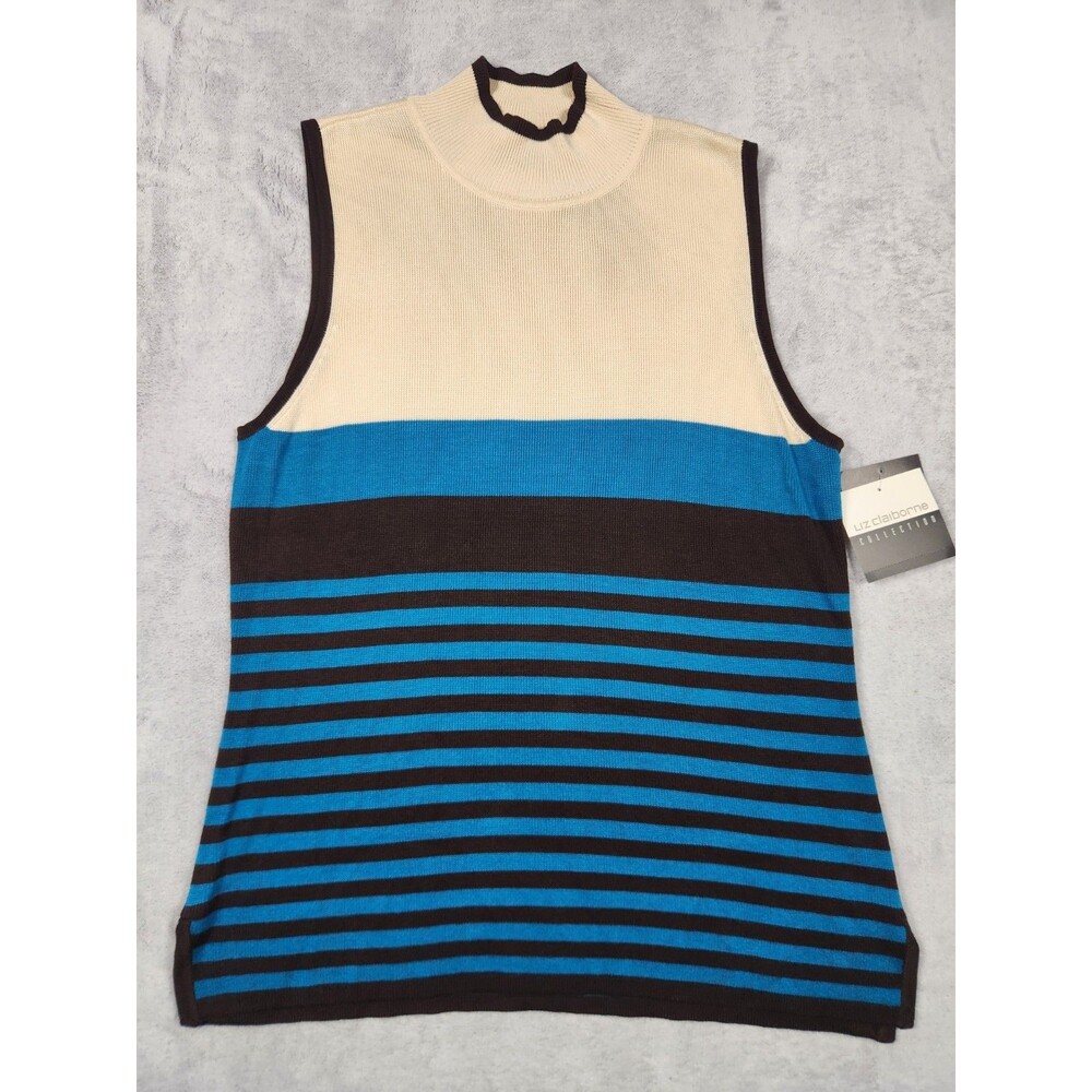 Liz Claiborne Sweater Vest Womens L NWT $68 Striped Mock Neck Sleeveless...